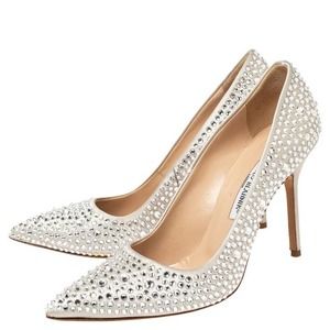Manolo Blahnik BB Silver Satin Crystal Pumps
